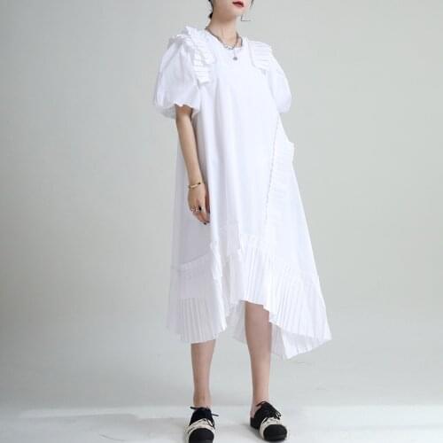 Johnature Fashion Women Dresses 2021 Summer New Casual O-neck Puff Sleeve Irregular Ruffles Pleated Female Dress