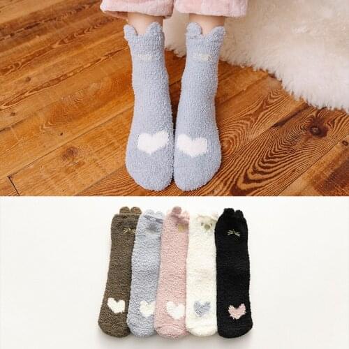 Winter Thick Warm Coral Fleece Socks Girl Cartoon Cute Embroidery Love Ears Sweet Tube Socks Funny Sleep Floor Socks Women Set