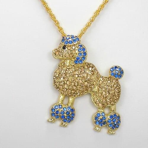 Golden Blue Yellow Rhinestone Poodle dog Fashion Pendant Necklaces Chain Jewelry F368 GB2
