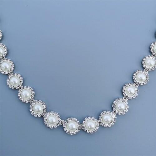 1M Pearl Crystal Chain Rhinestones Trim Ribbon Metal Chain Manual Decoration Collar Dress Clothing Bag Accessories 13mm Width