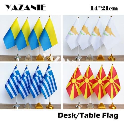 YAZANIE 14*21cm 4PCS Ukraine Cyprus Greek Macedonia Table Flag with Plastic Stand Flagpole World Country Desk Flags and Banners