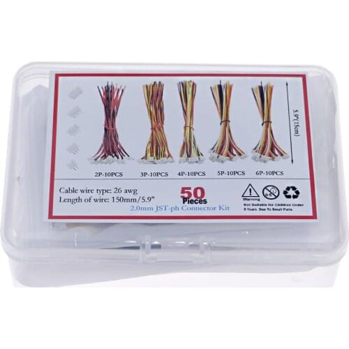 50Sets/Box Mini Micro JST PH2.0 - 2/3/4/5/6Pin Connector Plug Assortment Kit With 150mm Wires Cables