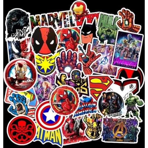 50pcs Cartoon Marvel DIY Stickers Cool The Avengers Figure Iron Man Waterproof Sticker Luggage Skateboard Guitar Laptop Kid Toy