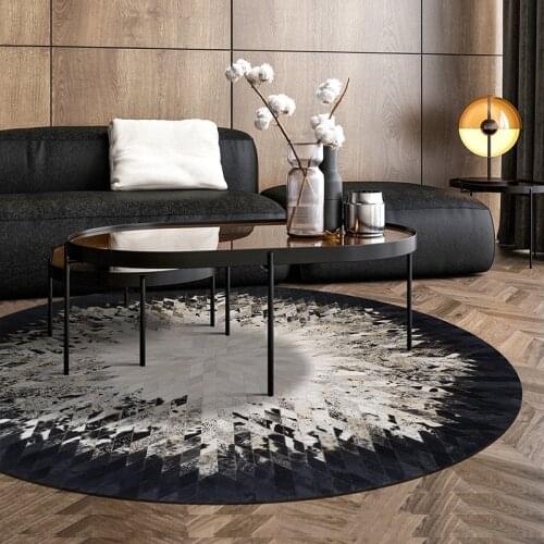 American Luxury Natural Cowhide Patchwork Rug Genuine Calfskin Fur Chequer Round Carpet Geometric Floor Mat for Living Room