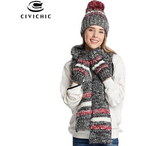 CIVICHIC Woman Chic Knit Hat Scarf Gloves 3 Piece Suit Pompon Beanies Woolen Cap Thicken Headwear Stripes Shawl Girl Gift SH145