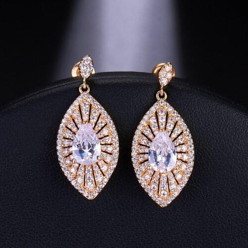 EMMAYA Luxury Dazzling Big Leaf Shape Zircon Drop Earrings for Women Fashion Gold Color Crystal Wedding Jewelry