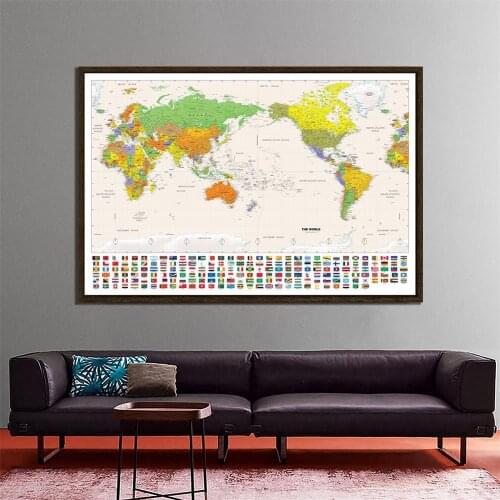 Physical Map Of The World With National Flag Non-woven Detailed Map Of Major Cities in Each Country