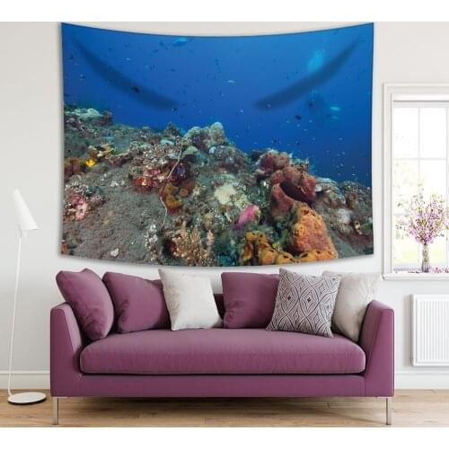 Tapestry Tropical Underwater World Fish Coral Under Sea Scenery Nature Photo Printed Blue Yellow Gray