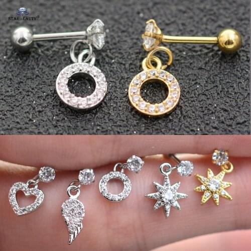 Hot Round Sun Wing Crystal Dangle Heart Star Ear Piercing Helix Daith Cartilage Tragus Earrings Stud Not Fake Piercing