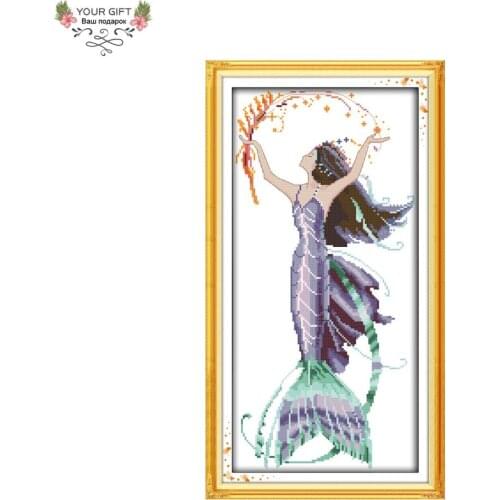 Joy Sunday Mermaid Home Decor R850 14CT 11CT Counted Stamped Purple Mermaid Needlework Embroidery Cross Stitch kits