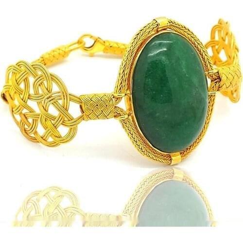 Kazaz Hand Handwork Jade Stone Gold Plated Silver Bracelet