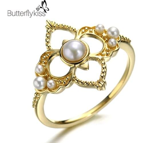 BK 14K Genuine Gold 585 Rings For Women Yellow Gold Natural Pearl Four-Leaf Clover Vintage Luxury Jewelry Elegant Female Gifts