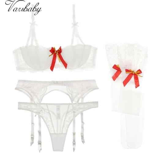 Varsbaby 4 Pcs Christmas Style Plus Size Sexy Half Cup Underwear Push Up Bras+Thongs+Garters+Stockings Lingerie Sets