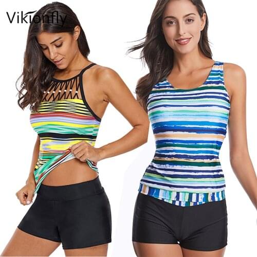 Vikionfly Plus Size Swimwear Women 2021 2 Two Piece Print Stripe Swimming Suit For Women Tankini Swimsuits Bathing Suit Shorts