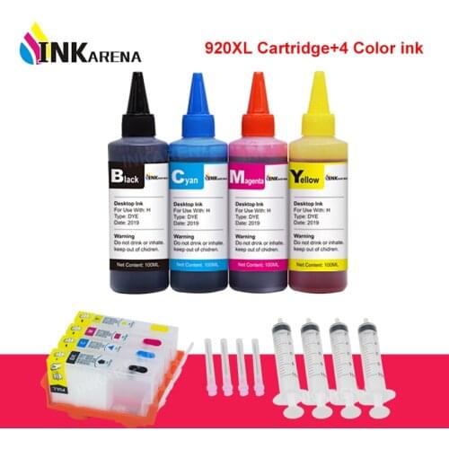 INKARENA 4 Bottle Ink Refill Kit + 920XL Printer Ink Cartridge For HP 920 XL Officejet 6000 6500 Wireless 6500A 7000 7500 7500A