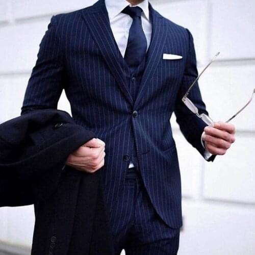Pinstripe Slim fit Men Suits for Boyfriend 3 piece Business Groom Tuxedo with Peaked Lapel Man Fashion Costume Jacket Vest Pants