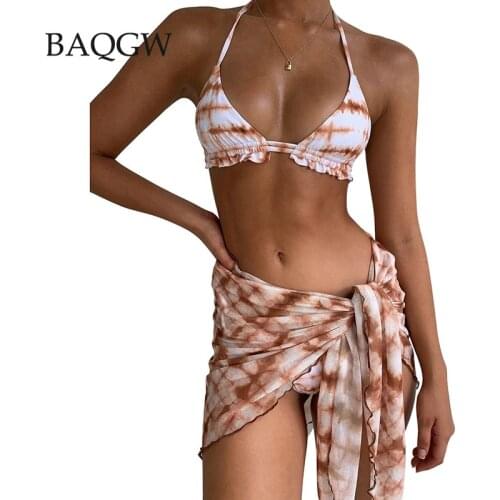 Sexy 3 Piece Swimsuit Women Tie Dye Push Up Padded Bikini Summer Lace Up Bathing Suit Thong Bikini 2021 Swimwear Women Skirt