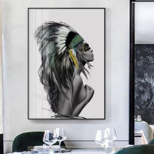 Nordic Indian Makeup Girl Feather Canvas Prints Beauty Posters Wall Art Canvas Paintings Pictures Living Room Home Decoration