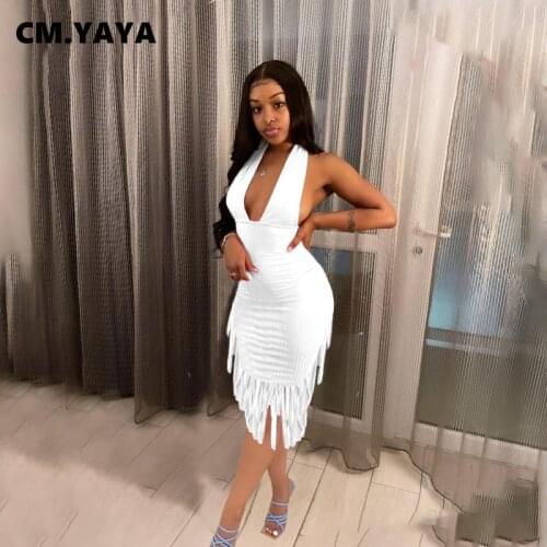 CM.YAYA Women Ribbed Halter V-neck Tassel Backless Bodycon Dress Sexy Night Party Clubwear Sleeveless Midi Pencil Dresses