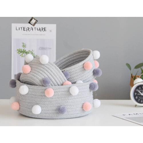 Hand-woven Laundry Basket Nordic Cute Pompom Decor Storage Basket for Sundries Cosmetic Toys Desktop Organizer Round Baskets
