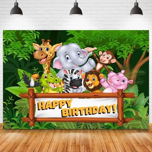 Custom Name Happy Wild Animal Party Backdrops For Birthday Jungle Forest Safari Photo Backgrounds Newborn Baby Child Photography