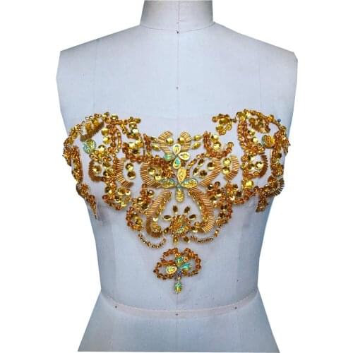 Handmade sew on golden rhinestones applique crystals trim patches 29*21cm for dress DIY accessories