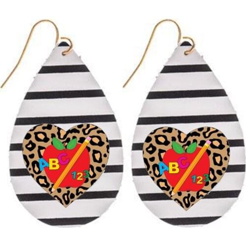 Back To School ABC Apple and Pencil Faux Leather Earrings For Teacher Heart Black and White Striped Teardrop2021 New Style