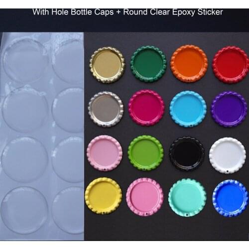 Mixed Order 200 pcs/lot: 100 pcs Both Side Colored Flattened Bottle Caps with Hole & 100pcs 1'' Clear Epoxy Stickers for Jewelry