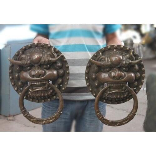 Tibet bronze Lion Tiger beast Head Buddhism Temple Door handle Knocker pair