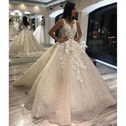Vintage V Neck Sequined Ball Gown Wedding Dresses with Appliques Court Trian Backless Plus Size Bridal Gowns