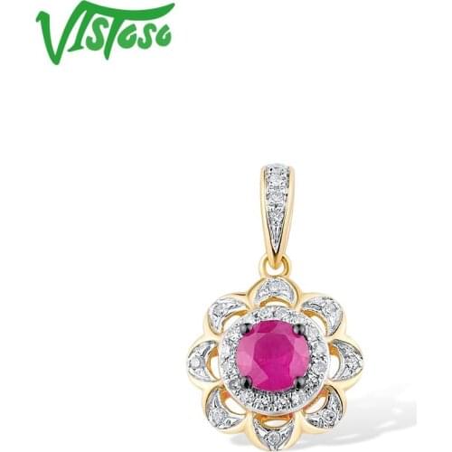 VISTOSO Gold Pendant For Women Pure 14K 585 Yellow Gold Ruby Sparkling Diamond Flower Engagement Anniversary Gift Fine Jewelry