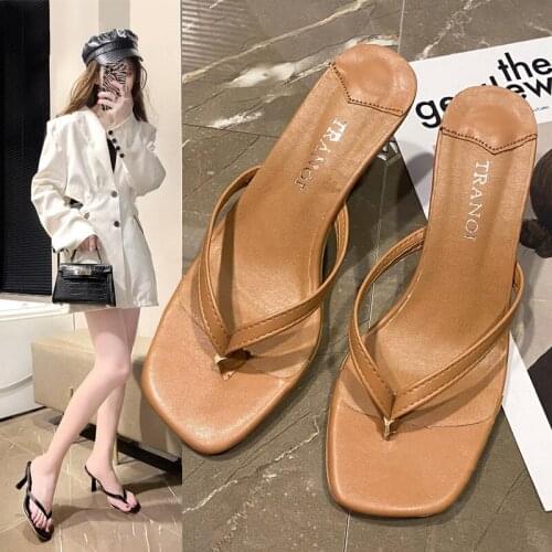 Temperament Square Head Ladies High-Heeled Slippers Summer New Simple And Versatile Pure Color Flip-Flops