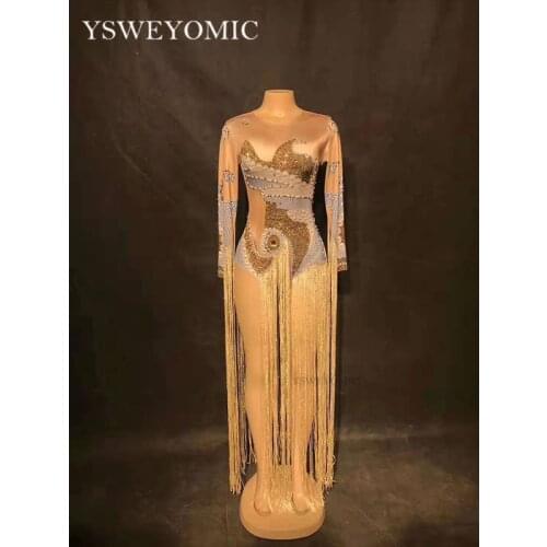 Long Tassels Bodysuit Big Stretch Long Sleeves Outfit stage Sexy Skinny Costume Birthday prom show One-piece jumpsuit for Women