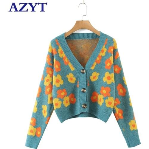 AZYT 2021 New Floral print sweater female cardigan autumn v neck short sweater womens jacket casual long sleeve pull femme