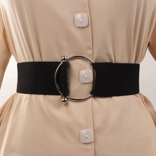 Newest Women Wide Waist Belt silver round Metal buckle Elastic Cummerbunds dress accessories black Stretch Waistband coat lady