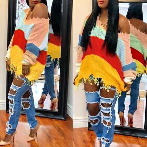 Autumn 2020 New Irregular Womens Rainbow Stripe Color Block Sweater Knitwear Tassels Frosted Knitted Womens Long Sleeve Pullov