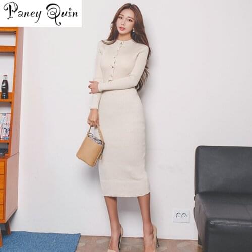 Elegant Single Breasted Women Sweater Dress O-neck Full Sleeve Sashes Stretch Vestidos Female Knee-length bodycon Knitted Dress