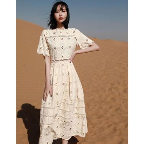 Seaside Holiday Dress Hollow Out Lace Bohemian 2021 New Fairy Half Sleeve Solid Length Dresses Womens Fashion Elegant Casual