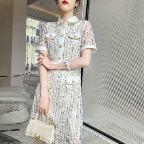 Summer Korean High End Plaid Tweed Dress Women Turn Down Collar Midi Dress Vintage Elegant Office Short Sleeve Lace Party Dress