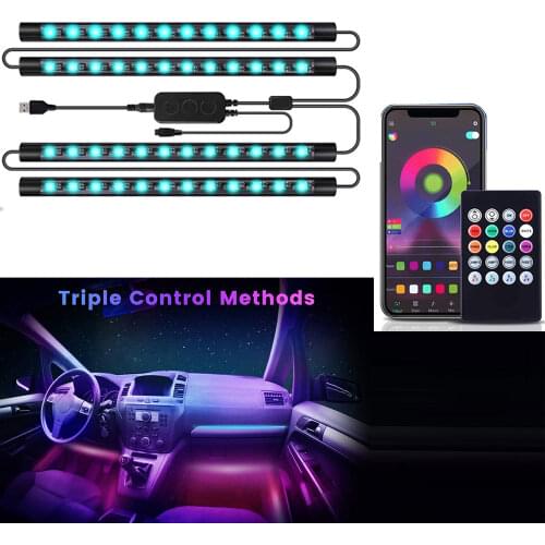 4 in 1 Car Interior Foot Floor Decoration Bulbs Atmosphere Lights RGB LED Strip Lamp USB Bluetooth APP Control Multiple Modes