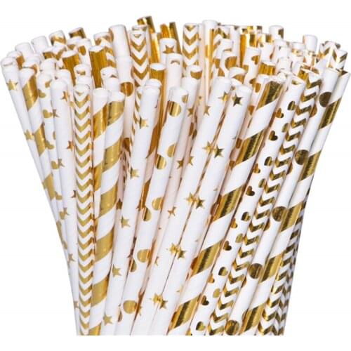 50pcs Paper Straws Gold Foil Paper Drinking Straws Solid Striped Chevron Star Party Favor Wedding Table Decoration Supplies