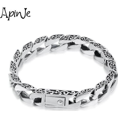 Apinje Vintage 925 Sterling Silver Bracelet for Men Wide Bracelet Gothic Punk Fashion Jewelry