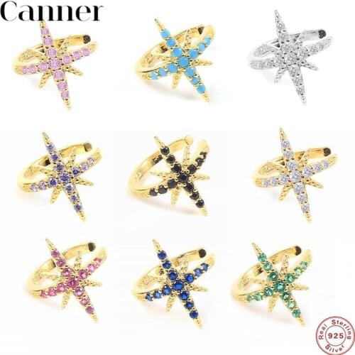 CANNER 1PC Colorful Star Ear Cuff Non Pierced Micro Pave CZ Zircon Small Clip Earring for Women Real 925 Sterling Silver Jewelry