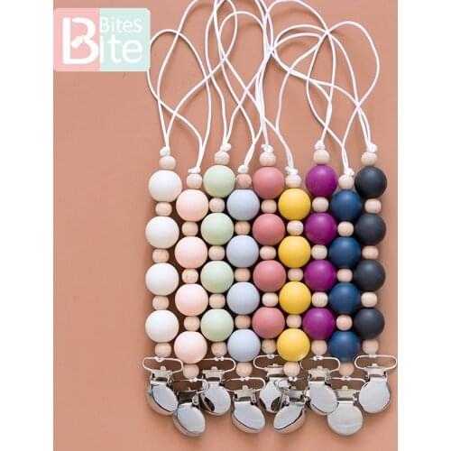 Bite Bites Baby Silicone Teether Pacifier Clip Chain Food Grade Silicone Beads Metal Nipple Holder Wooden Beads ChildenS Goods