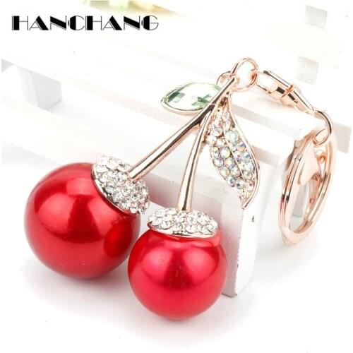 HANCHANG Rhinestones Fruit Cherry Keyrings Purse Jewelry Keychain Women Accessories Key Chain Fashion Key Buckle chaveiro