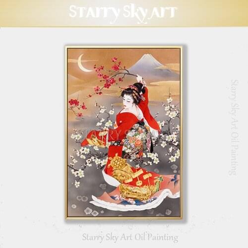 Artist Hand-painted High Quality Wall Art Black and Red Kimono Japan Lady Oil Painting on Canvas Plum Flowers Dress Oil Painting