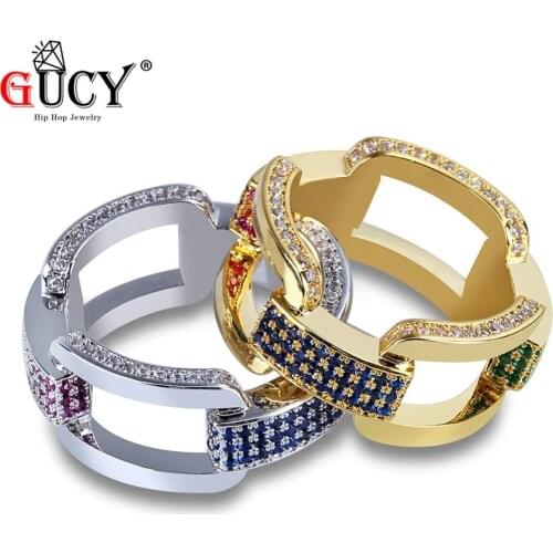 GUCY New Fashion Hip Hop Bling Rings Gold Color Micro Pave Multicolor Cubic Zircon Stones Ring All Iced Out Gift For Men Women