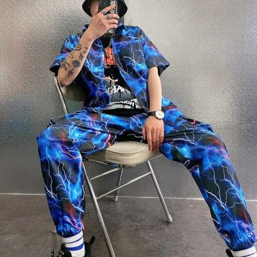 Hip Hop Costumes For Men Jazz Dance Clothes Nightclub Bar Singer Performance Clothes Lightning Print Shirt Hiphop Pants XS2154