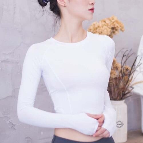 Yoga Crop Tops Yoga Shirts Long Sleeve Workout Fitness Tops Running Sports T-Shirts Thumb Women Gym Pure Color Clothing