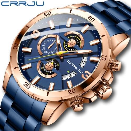 Mens Watch CRRJU Top Brand Luxury Men‘s Stainless Steel Watches Classic Date Waterproof Quartz Watch for Men Relogio Masculino